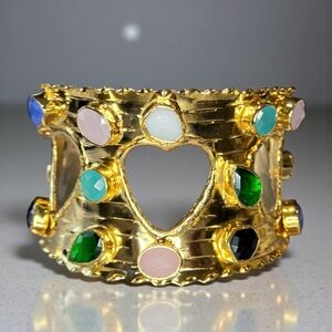 WoW! 18k Gold Plated Genuine Gemstone Chunky Heart Cuff Bracelet